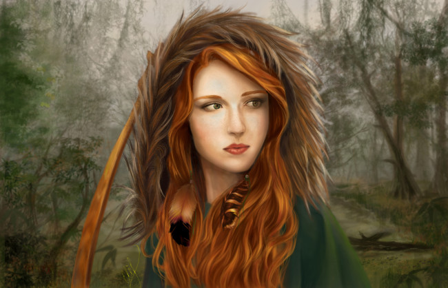 Обои картинки фото фэнтези, девушки, перья, лес, лук, рыжая, капюшон