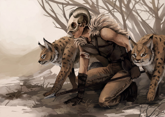 Обои картинки фото фэнтези, люди, засада, рысь, охотник, мужчина