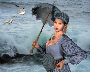 Картинка 3д+графика люди+ people зонтик фон взгляд девушка