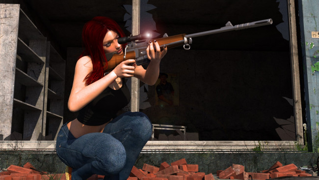 Обои картинки фото 3д графика, люди , people, взгляд, оружие, девушка, фон