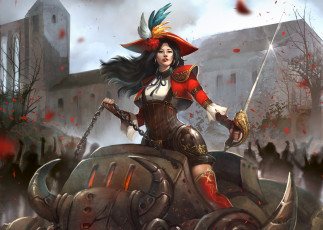 Картинка фэнтези девушки steampunk арт девушка шпага шляпа перо робот