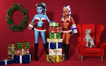 обоя 3д графика, ___, фон, подарки, персонаж, венок