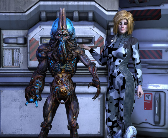 Обои картинки фото 3д графика, фантазия , fantasy, девушка, существо, фон, взгляд