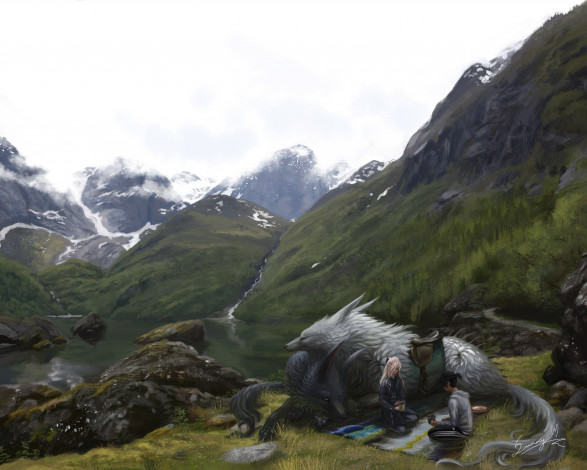 Обои картинки фото фэнтези, существа, арт, отдых, озеро, парень, девушка, природа, волки, горы
