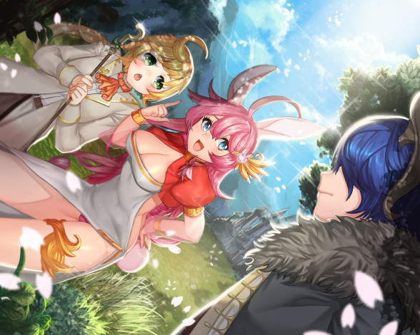 Обои картинки фото аниме, животные,  существа, рога, парни, девушка, арт, garugaru