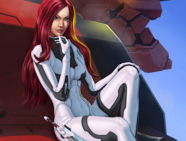 Обои картинки фото фэнтези, девушки, сидит, оружие, костюм, арт, красные, волосы, девушка, поза, фантастика