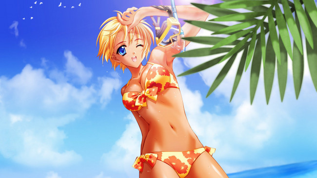 Обои картинки фото аниме, unknown,  другое, девушка, купальник, блондинка, море, пляж, загар, маска, пальма, небо