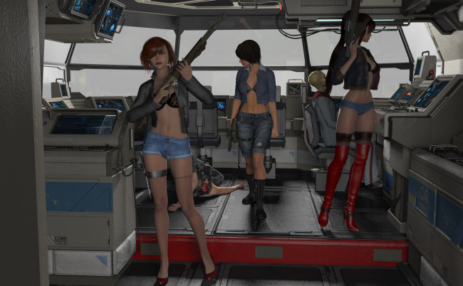 Обои картинки фото 3д графика, фантазия , fantasy, оружие, взгляд, фон, девушки