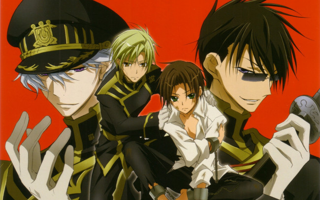 Обои картинки фото аниме, 07 ghost, art, yuki, amemiya, 07-ghost, teita, klein, mikase, ayanami, седьмой, дух, военная, форма, фуражка, катана, очки, цепи