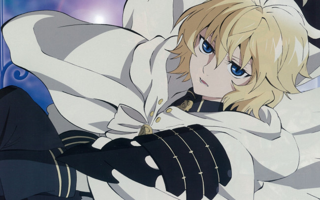 Обои картинки фото аниме, owari no seraph, owari, no, seraph, art, yamato, yamamoto, последний, серафим, michaela, hyakuya, вампир, военная, форма, плащ, голубые, глаза