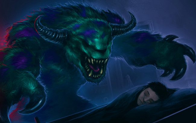 Обои картинки фото фэнтези, существа, sully, monsters, inc, монстер, сон, арт, мальчик, спит, кровать, ночь