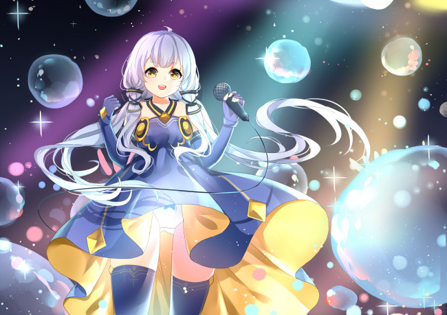 Обои картинки фото аниме, vocaloid, микрофон, фон, взгляд, девушка