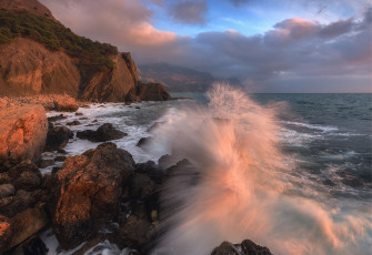 Картинка природа побережье прибой зима александр трашин серая скала закат крым балаклава