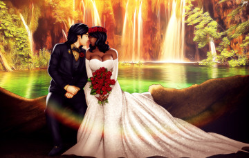 Картинка рисованное люди девушка взгляд фон парень водопад