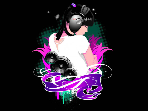 Обои картинки фото векторная графика, девушки , girls, девушка, наушники, музыка, колонки