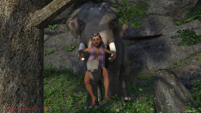 Обои картинки фото 3д графика, эльфы , elves, взгляд, эльфийка, джунгли, слон, фон
