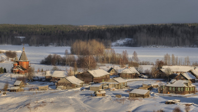 Обои картинки фото города, - пейзажи, вечер, гармашов, сергей, карелия, зима, деревня