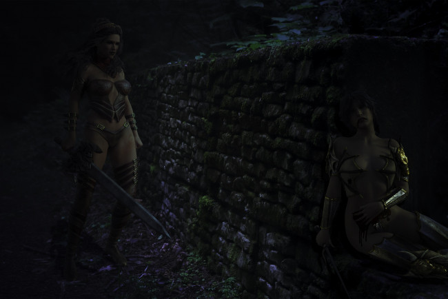 Обои картинки фото 3д графика, фантазия , fantasy, оружие, фон, взгляд, девушки