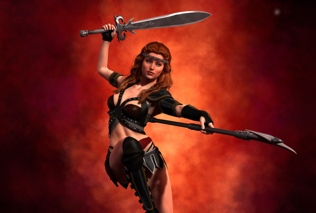 Обои картинки фото 3д графика, амазонки , amazon, фон, взгляд, оружие, девушка