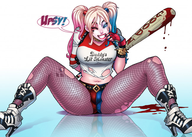 Обои картинки фото рисованное, комиксы, девушка, бита, улыбка, взгляд, фон