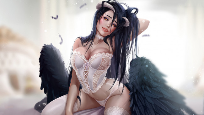 Обои картинки фото аниме, overlord, девушка, фон, взгляд, крылья, рога