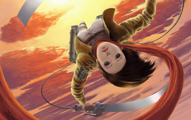Обои картинки фото аниме, shingeki no kyojin, девушка, сабля, шарф