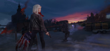 Картинка видео+игры homefront +the+revolution девушка солдат взгляд фон флаг