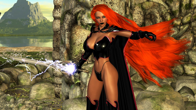 Обои картинки фото 3д графика, фантазия , fantasy, меч, униформа, фон, девушка, взгляд