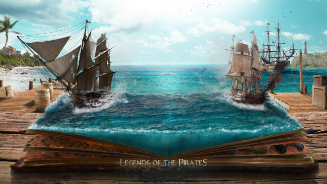 Обои картинки фото разное, компьютерный дизайн, корабль, море, фон, книга