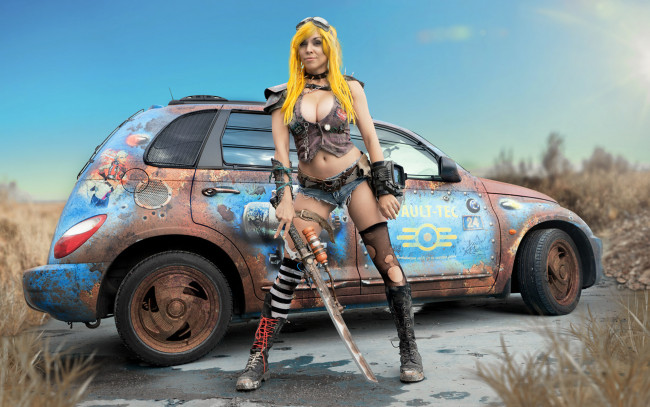 Обои картинки фото автомобили, -авто с девушками, chrysler, pt, cruiser, vault-tec