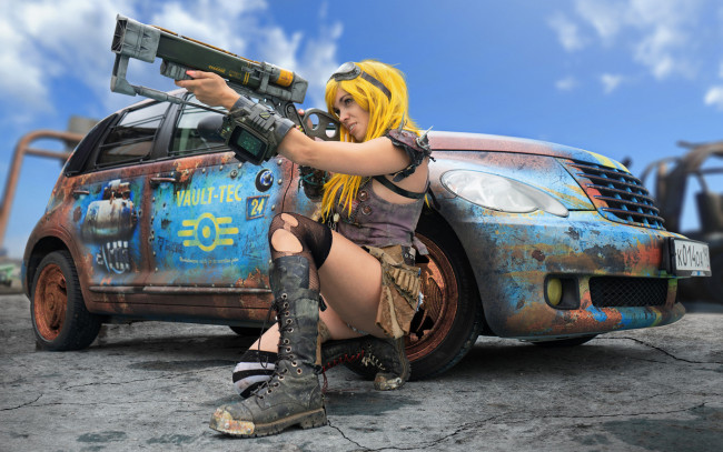 Обои картинки фото автомобили, -авто с девушками, chrysler, pt, cruiser, vault-tec