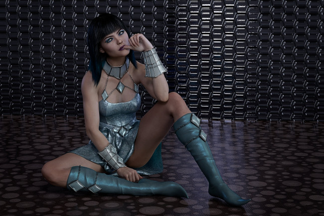 Обои картинки фото 3д графика, фантазия , fantasy, платье, взгляд, фон, девушка