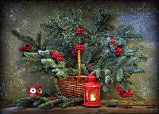 Картинка праздничные -+разное+ новый+год еловые ветки фонарь рябина