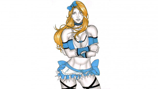 Обои картинки фото рисованное, комиксы, девушка, фон, взгляд, юбка, чулки