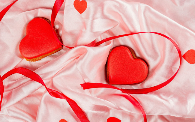 Обои картинки фото праздничные, день святого валентина,  сердечки,  любовь, лента, шелк, пряники, сердечки