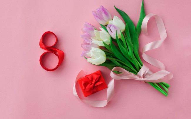 Обои картинки фото праздничные, международный женский день - 8 марта, тюльпаны, бутоны, букет, лента, дата, подарок