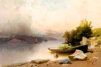 обоя арсений мещерский, рисованное, река, берега, лодка, деревья