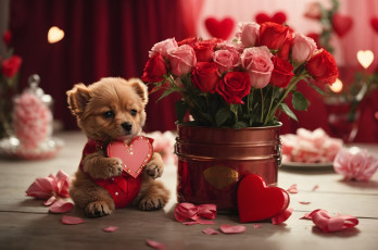 обоя праздничные, день святого валентина,  сердечки,  любовь, розы, сердечки, щенок