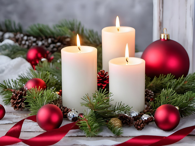 Обои картинки фото праздничные, новогодние свечи, шишки, шарики, свечи, лента