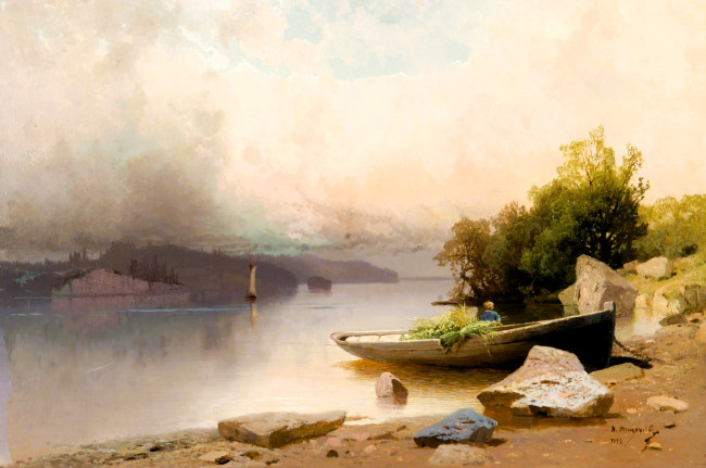 Обои картинки фото арсений мещерский, рисованное, река, берега, лодка, деревья