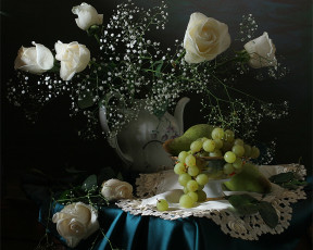 обоя ира, быкова, белые, розы, цветы