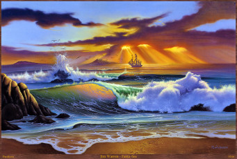 обоя jim, warre, рисованные, warren, парусник, море, арт, волны