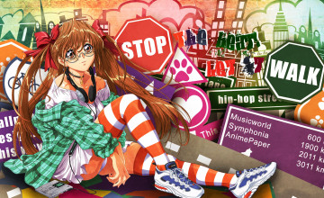 Картинка аниме headphones instrumental красные глаза длинные волосы девушка каштановые