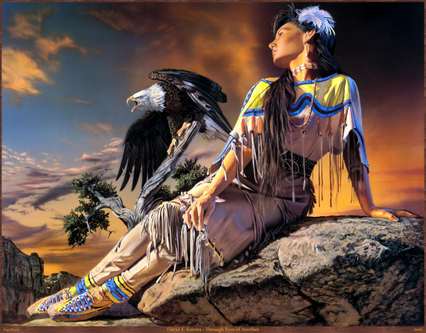 Обои картинки фото david, kucera, through, eyes, of, another, рисованные, e, девушка, индианка, орёл, арт