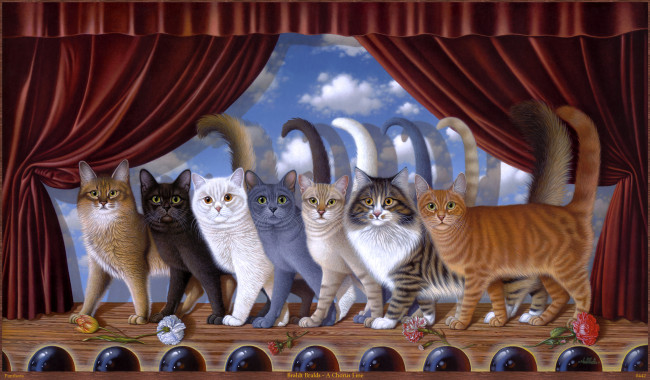 Обои картинки фото braldt, bralds, chorus, line, рисованные, кошки, сцена, выступление, арт