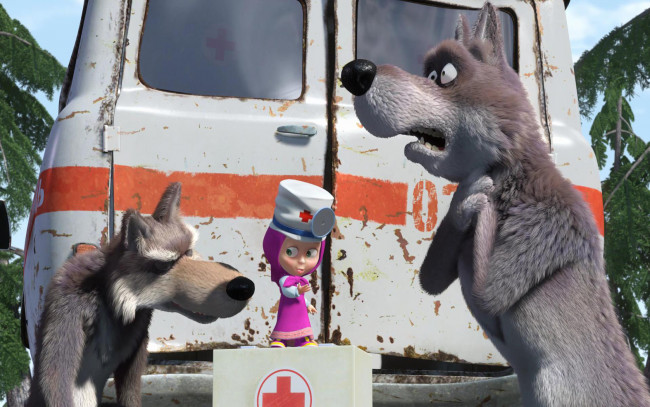 Обои картинки фото мультфильмы, маша, медведь, волки