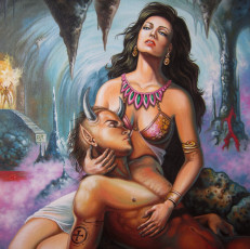 Картинка фэнтези красавицы чудовища демон рога пещера девушка