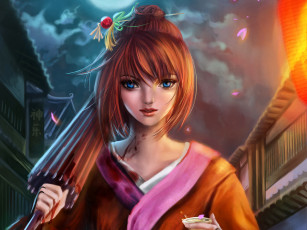Картинка аниме gintama арт кровь зонт кимоно ночь девушка rikamello kagura