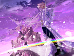 Картинка by+saki аниме tsubasa+reservoir+chronicles крылья облака замок небо маг жезл лестница блик снег fay d flourite парень