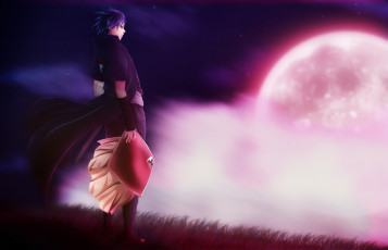 Картинка аниме naruto саске учиха арт луна сияние парень брюнет шляпа ночь